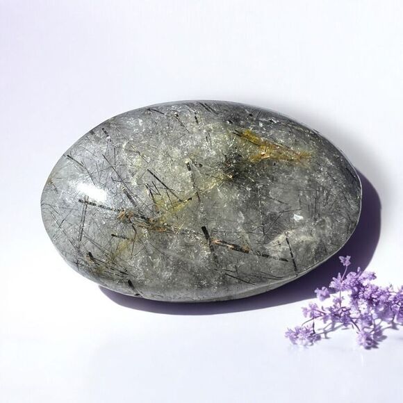 Black Rutilated Quartz Crystal‎ Palmstone (#9) - Picture 1 of 10